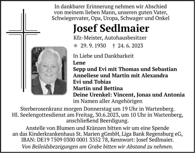 Traueranzeige Josef Sedlmaier