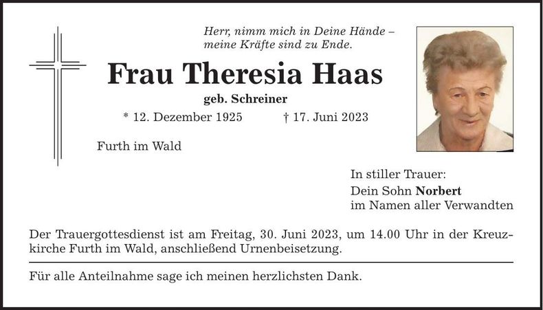 Traueranzeige Theresia Haas