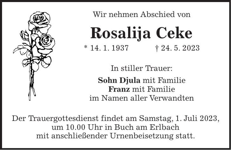 Traueranzeige Rosalija Ceke