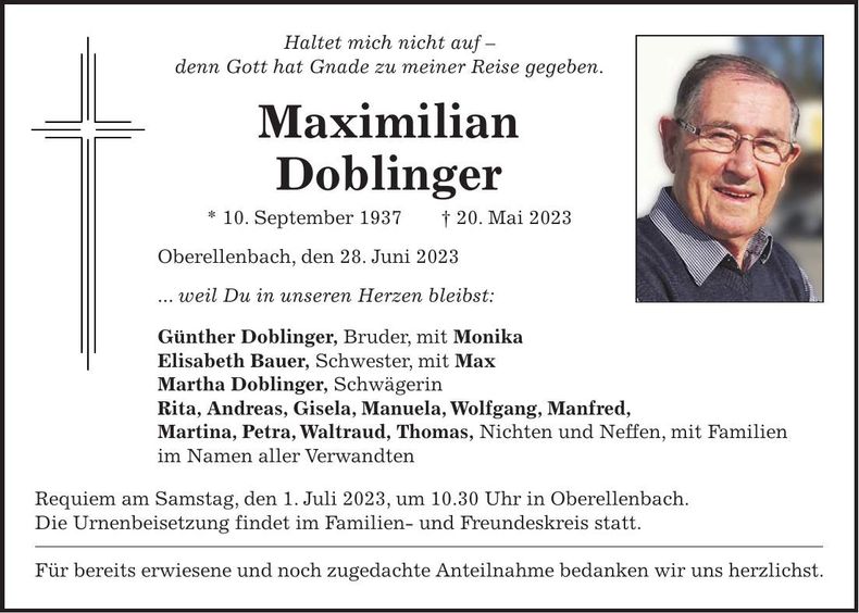 Traueranzeige Maximilian Doblinger