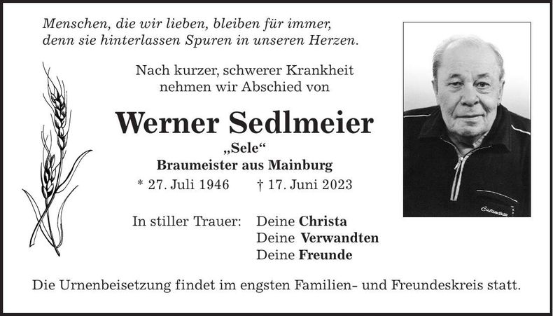 Traueranzeige Werner Sedlmeier