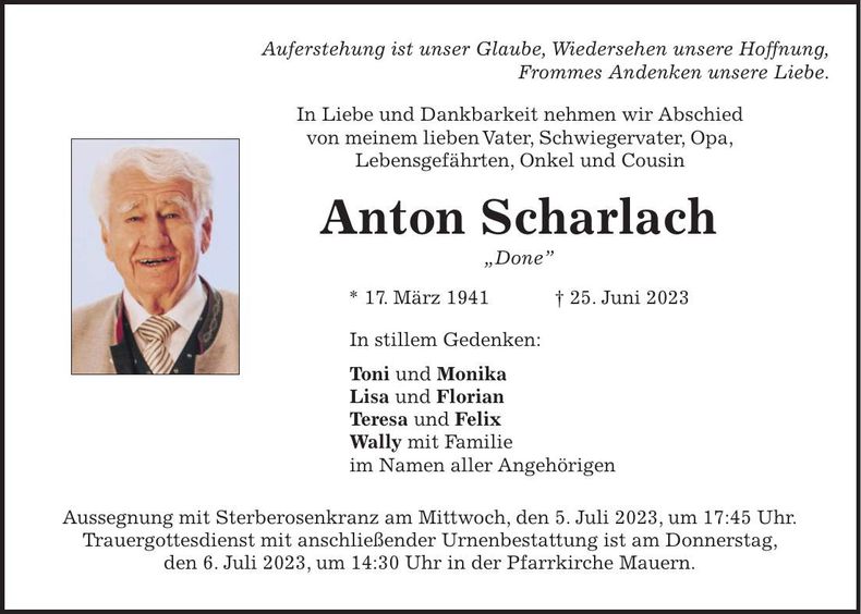 Traueranzeige Anton Scharlach