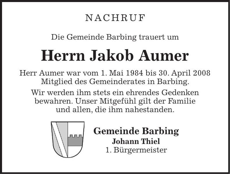 Traueranzeige Jakob Aumer