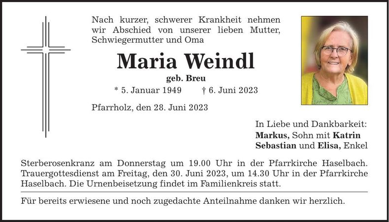 Traueranzeige Maria Weindl