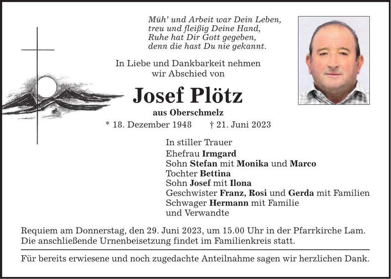 Traueranzeige Josef Plötz