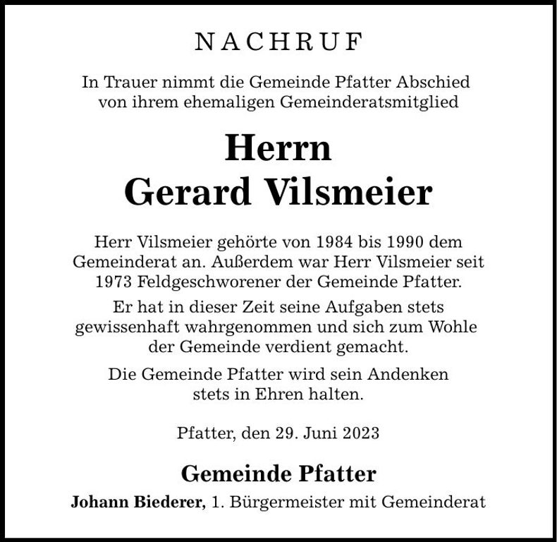 Traueranzeige Gerad Vilsmeier