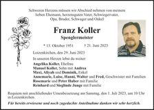 Traueranzeige Franz Koller
