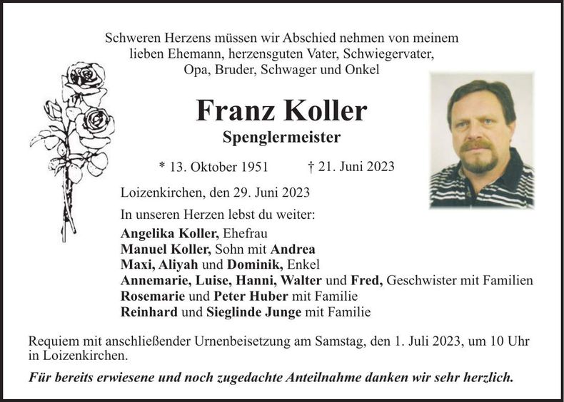 Traueranzeige Franz Koller