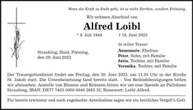 Traueranzeige Alfred Loibl