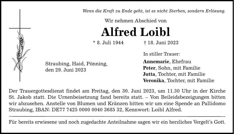 Traueranzeige Alfred Loibl