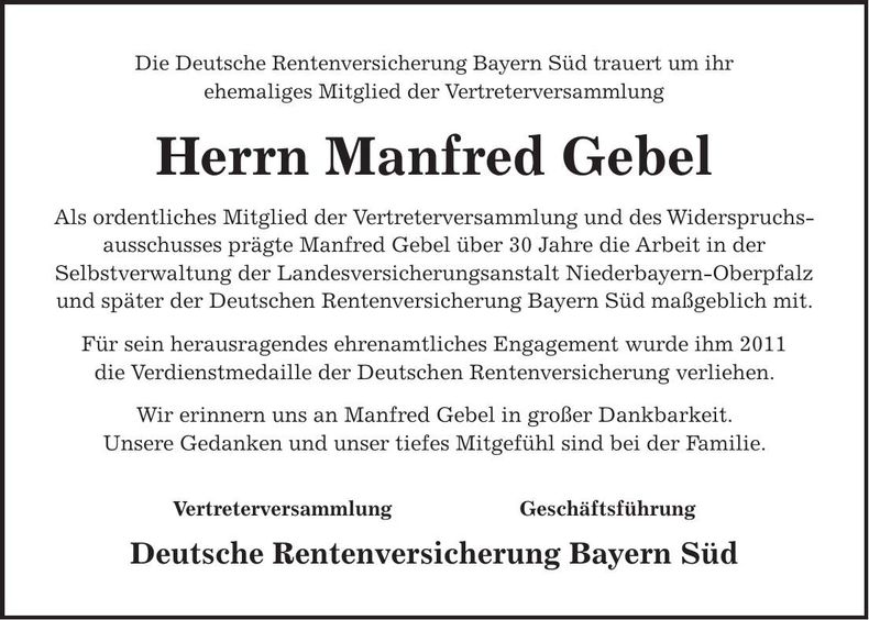 Traueranzeige Manfred Gebel