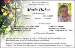 Traueranzeige Maria Huber