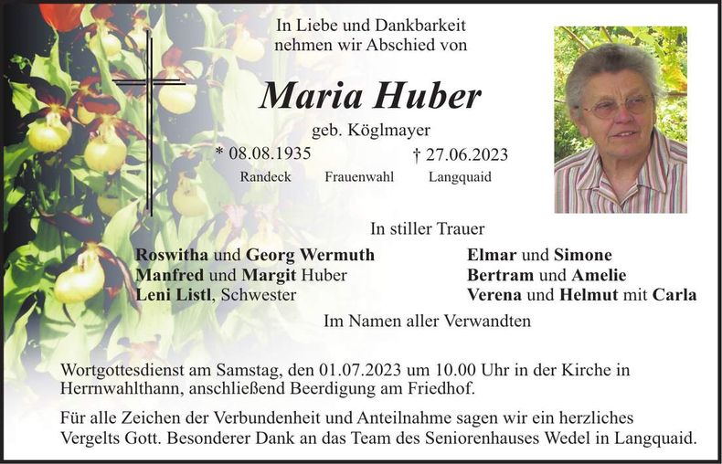 Traueranzeige Maria Huber