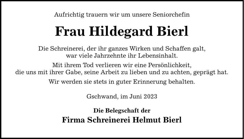 Traueranzeige Hildegard Bierl