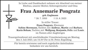 Traueranzeige Annemarie Pongratz