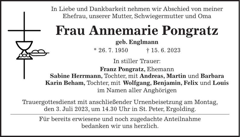 Traueranzeige Annemarie Pongratz