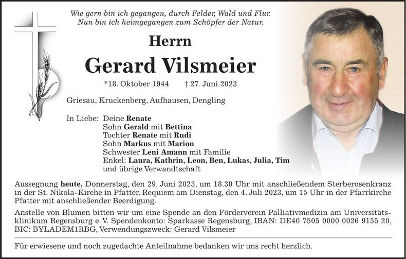 Traueranzeige Gerard Vilsmeier