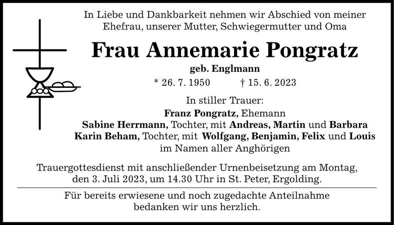 Traueranzeige Annemarie Pongratz