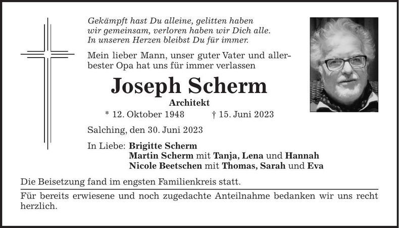 Traueranzeige Joseph Scherm