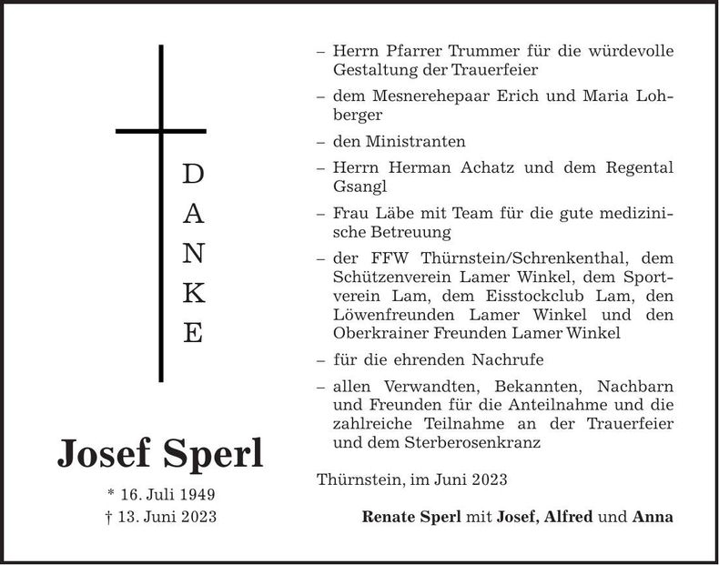 Traueranzeige Josef Sperl