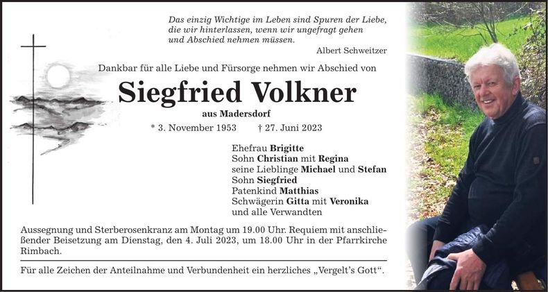 Traueranzeige Siegfried Volkner