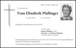 Traueranzeige Elisabeth Pfaffinger