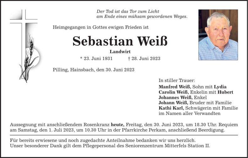 Traueranzeige Sebastian Weiß