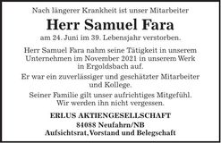 Traueranzeige Samuel Fara
