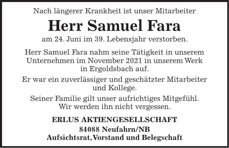 Traueranzeige Samuel Fara