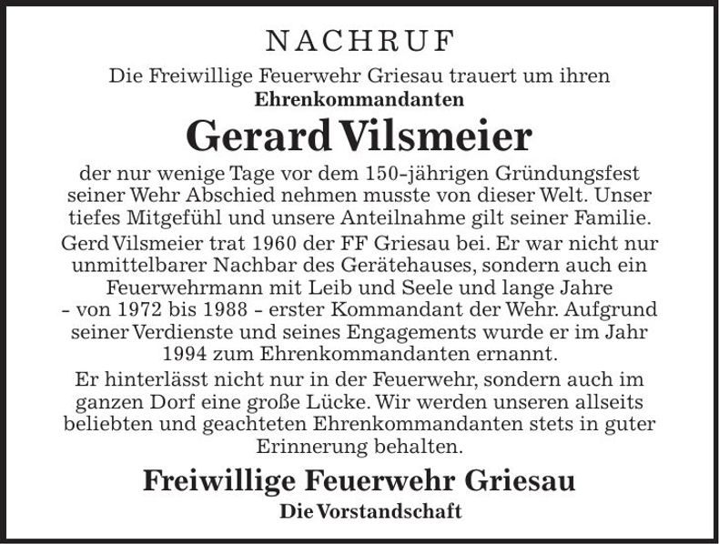 Traueranzeige Gerard Vilsmeier