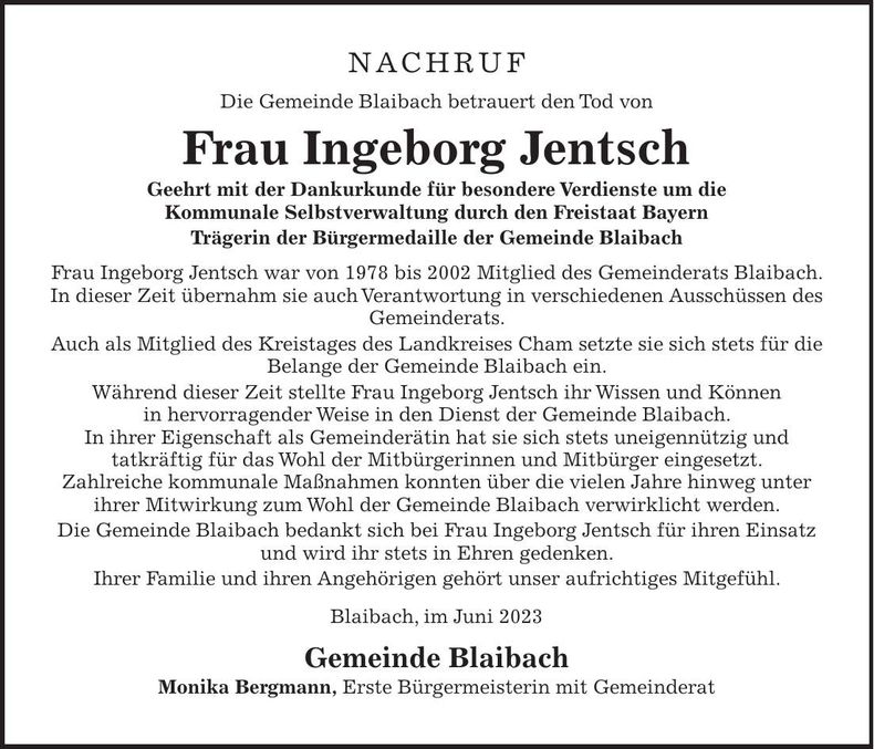 Traueranzeige Ingeborg Jentsch