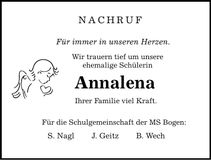 Traueranzeige Annalena Bugl