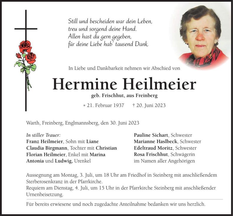 Traueranzeige Hermine Heilmeier