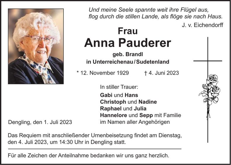 Traueranzeige Anna Pauderer