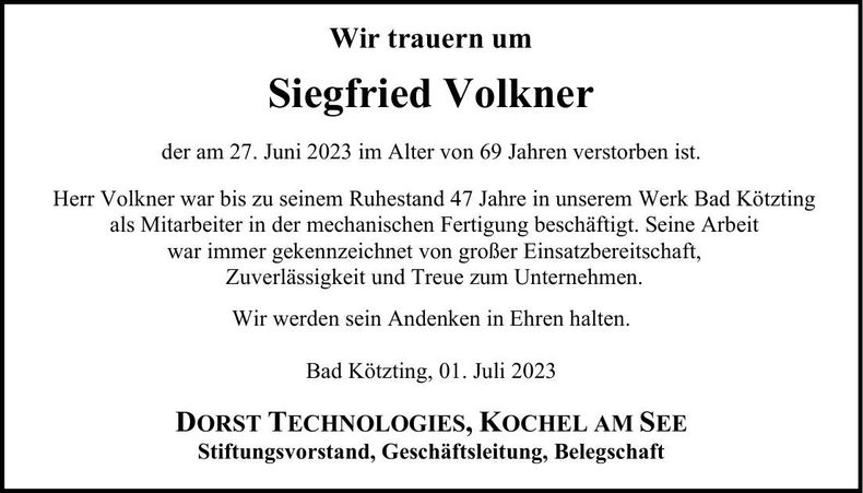 Traueranzeige Siegfried Volkner