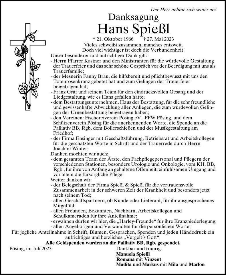 Traueranzeige Hans Spießl