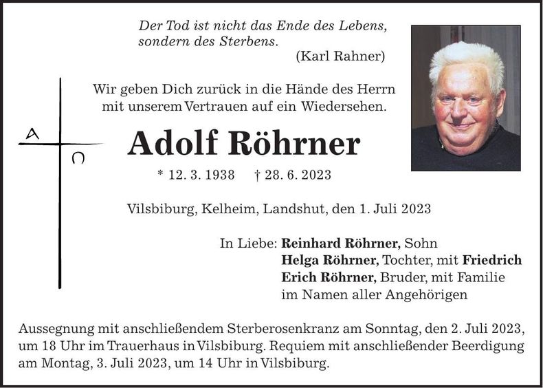 Traueranzeige Adolf Röhrner