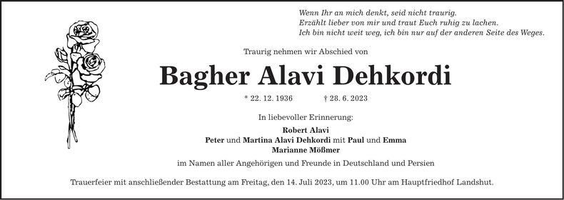 Traueranzeige Bagher Alavi Dehkordi