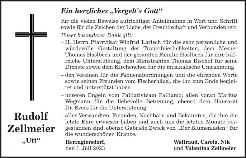 Traueranzeige Rudolf Zellmeier