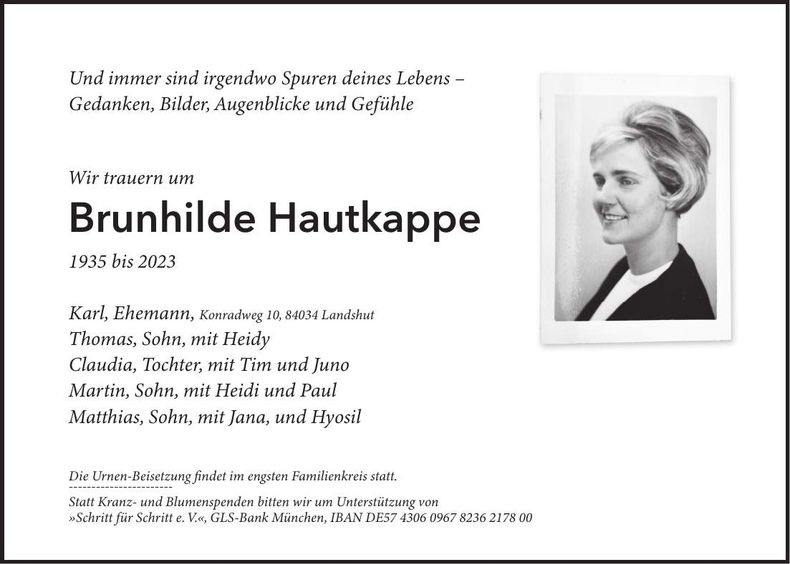 Traueranzeige Brunhilde Hautkappe