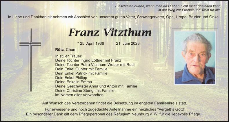 Traueranzeige Franz Vitzthum