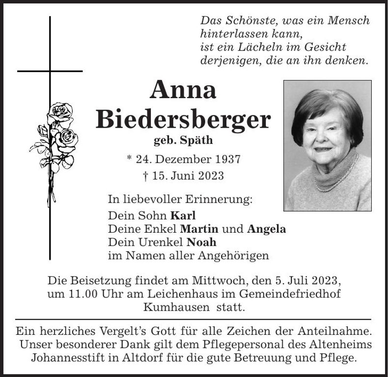 Traueranzeige Anna Biedersberger
