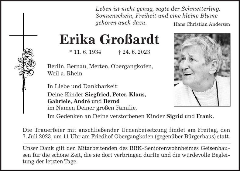 Traueranzeige Erika Großardt