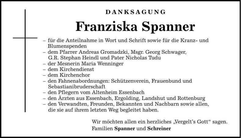 Traueranzeige Franzsika Spanner