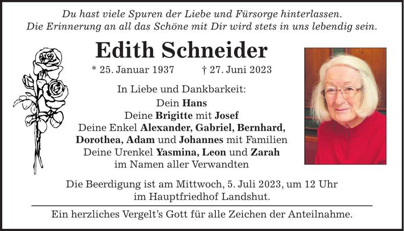 Traueranzeige Edith Schneider