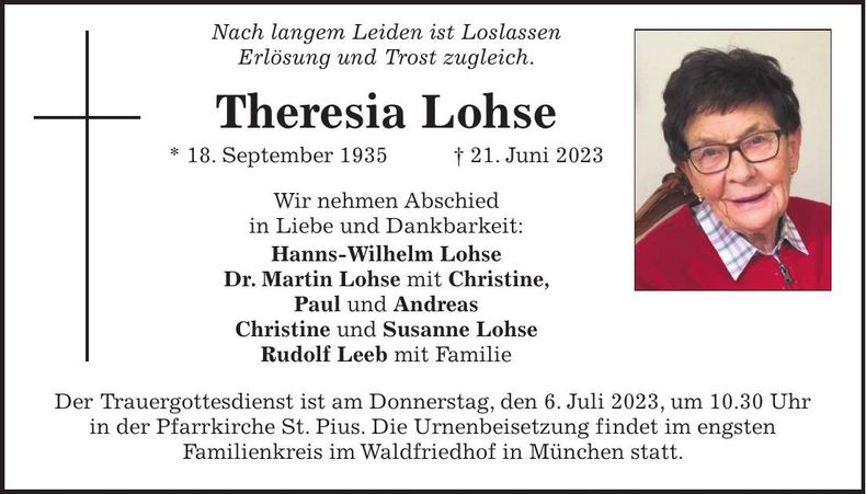Traueranzeige Theresia Lohse