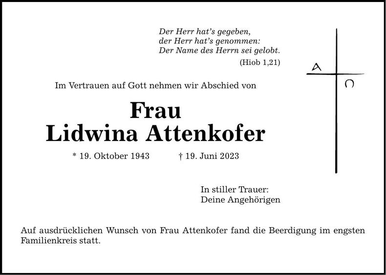 Traueranzeige Lidwina Attenkofer