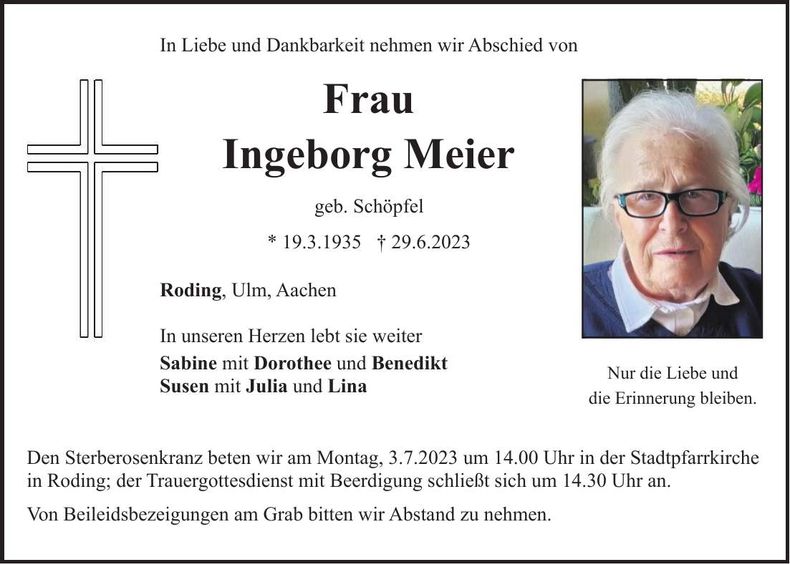 Traueranzeige Ingeborg Meier