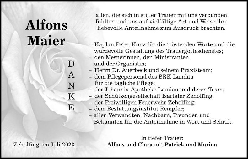Traueranzeige Alfons Maier