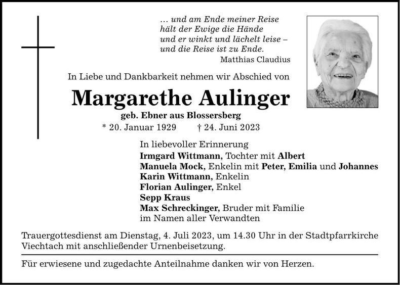 Traueranzeige Margarethe Aulinger